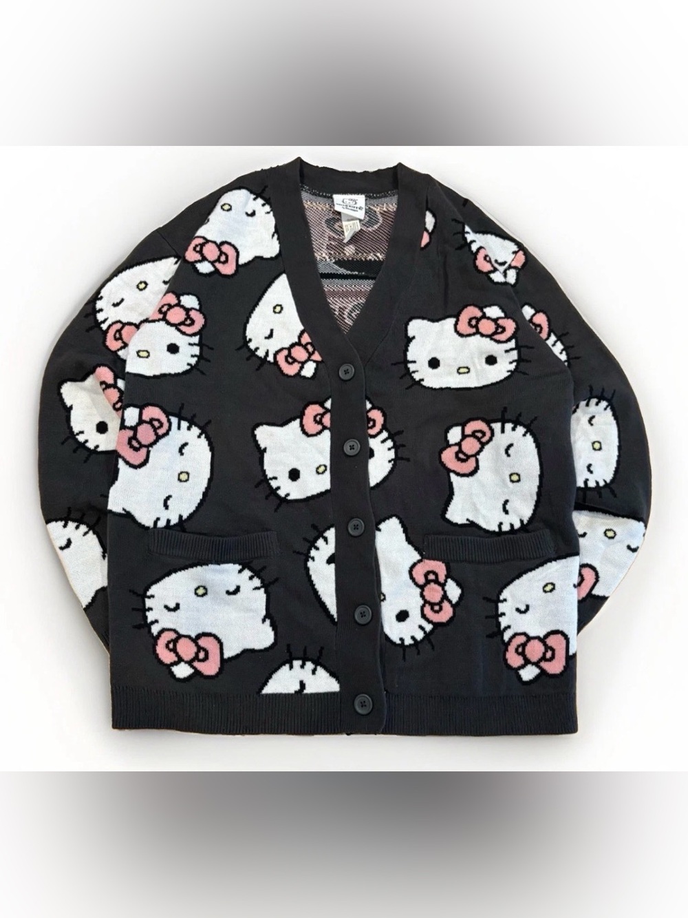 Hello Kitty Cardigan Sanrio Size Small Oversized Buttons Soft Warm Gray AOP